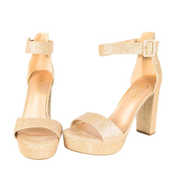 Dream Pairs 10 Hi-Lo Gold Glitter Ankle Strap Block Heel Platform Sparkly Heels - Picture 1 of 8